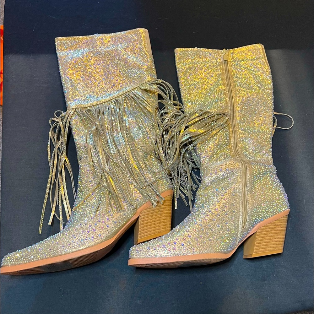 Gold glitter fringe boots